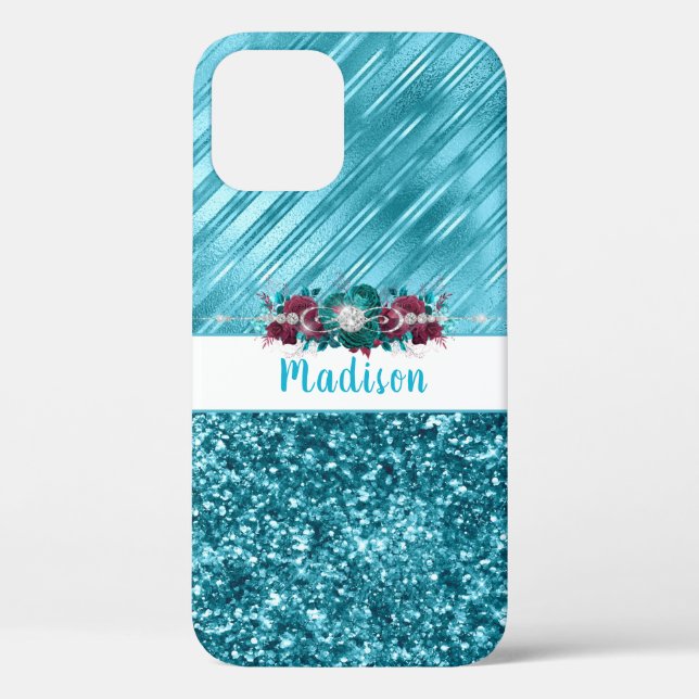 Personalised Turquoise Floral Glitter  Case-Mate iPhone Case (Back)