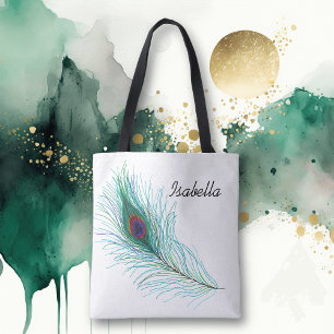 Personalised Turquoise Peacock Feather Tote Bag