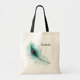 Personalised Turquoise Peacock Feather Tote Bag