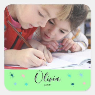 Personalised Turquoise Photo Name and Date Gift Square Sticker
