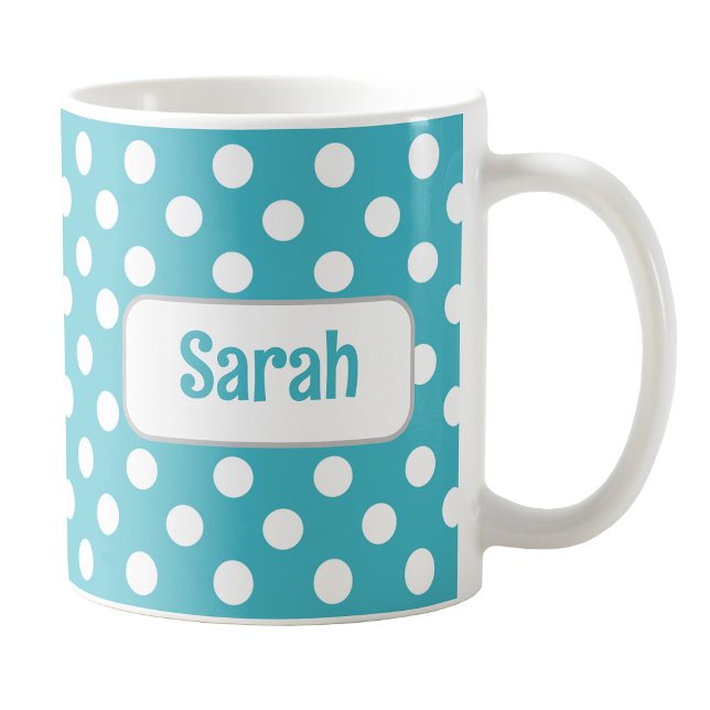 Personalised Turquoise Polka Dot Mug (Personalized Turquoise Polka Dot Mug at Amy's Coffee Mugs on Zazzle.)