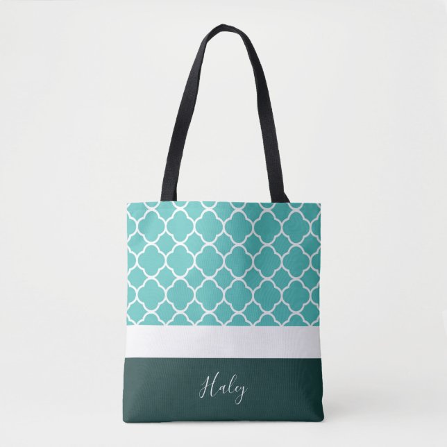Personalised Turquoise Quatrefoil with Dark Bottom Tote Bag (Front)
