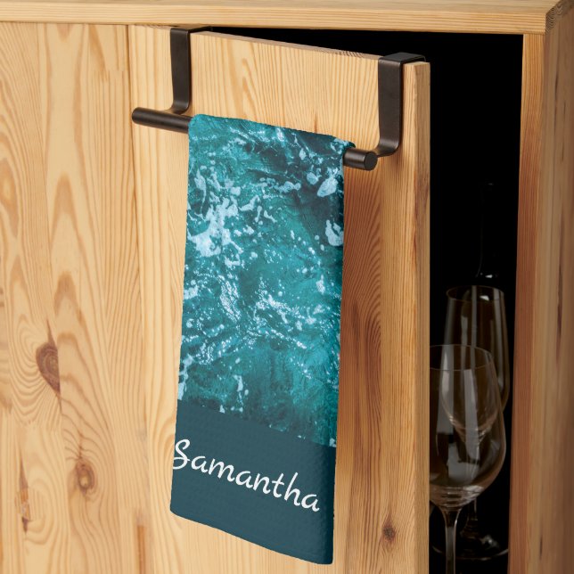 Personalised Turquoise Sea and Waves Modern Tea Towel (Thirds Fold)