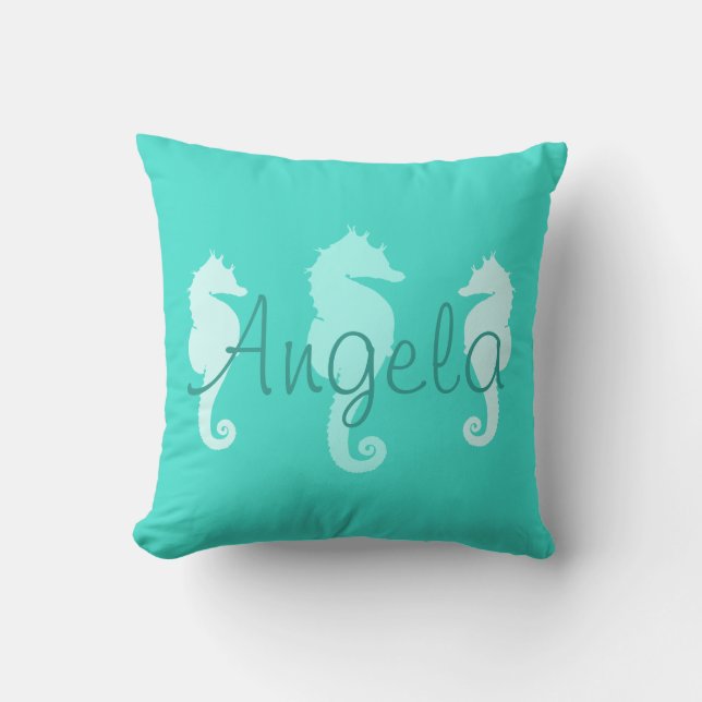 Personalised Turquoise Sea Horses Cushion (Front)