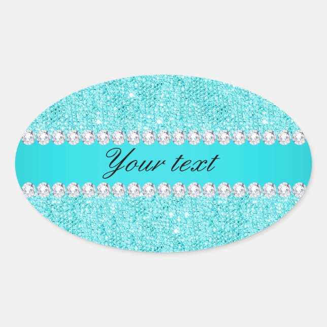 Personalised Turquoise Sequins and Diamonds Oval Sticker (Front)