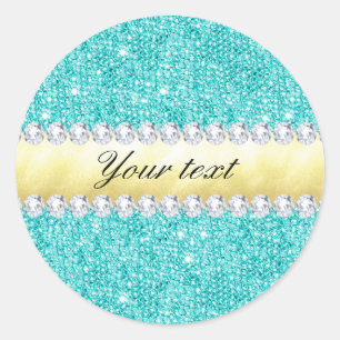 Personalised Turquoise Sequins Gold Diamonds Classic Round Sticker