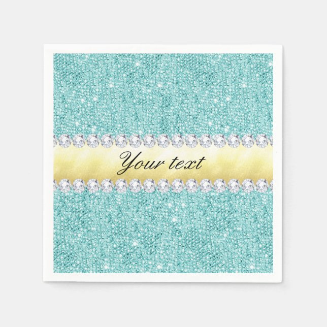 Personalised Turquoise Sequins Gold Diamonds Napkin (Front)