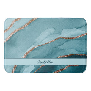 Personalised Turquoise Teal Gold Marble Agate Bath Mat