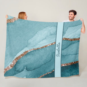 Personalised Turquoise Teal Gold Marble Agate Flee Fleece Blanket