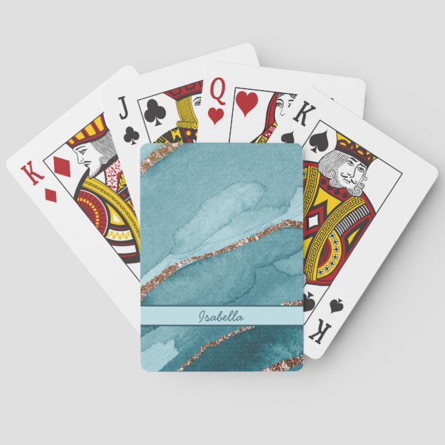 Personalised Turquoise Teal Gold Marble Agate Playing Cards (Back)