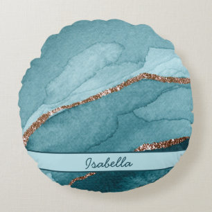 Personalised Turquoise Teal Gold Marble Agate Round Cushion