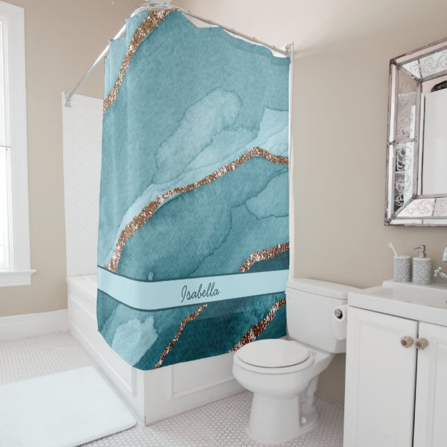 Personalised Turquoise Teal Gold Marble Agate Shower Curtain (In Situ)