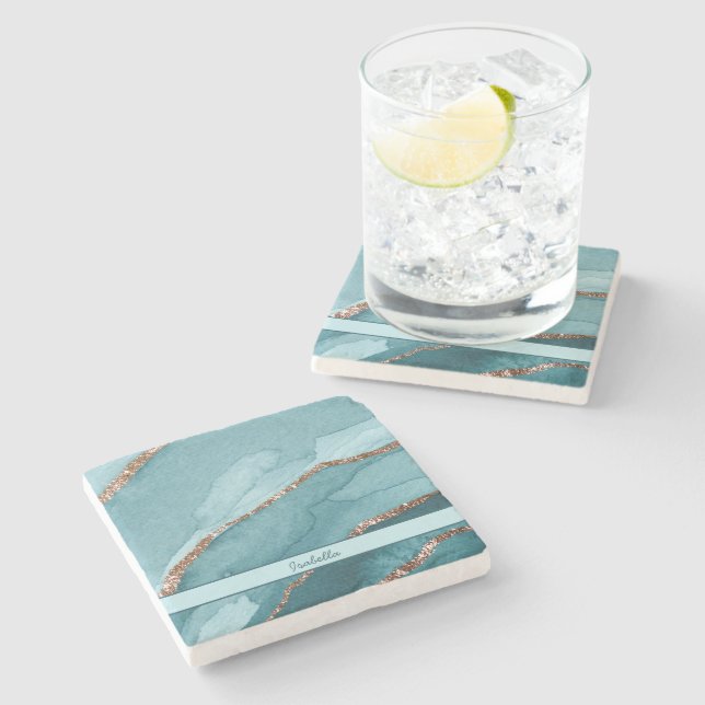 Personalised Turquoise Teal Gold Marble Agate Stone Coaster (Side)