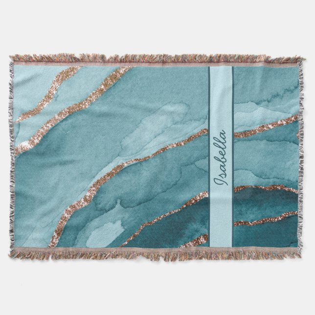 Personalised Turquoise Teal Gold Marble Agate Throw Blanket (Front)