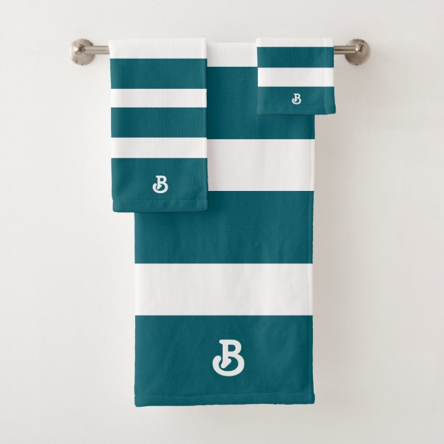 Personalised Turquoise & White Stripes Pattern Bath Towel Set (Insitu)
