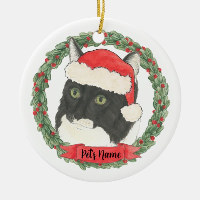 Personalised Tuxedo Ragamuffin Cat Ceramic Ornament (Front)