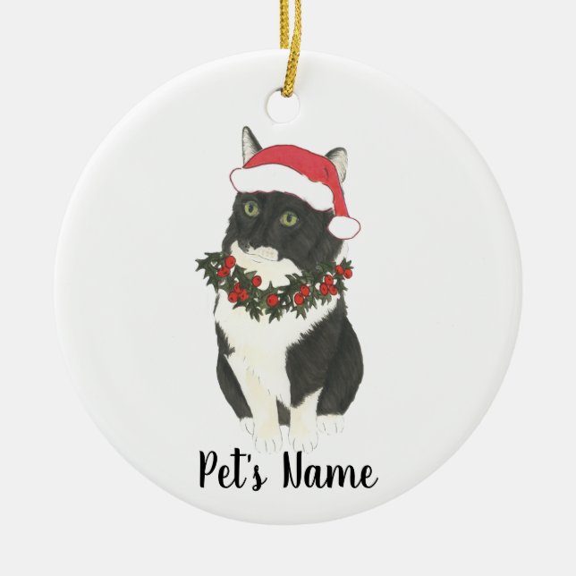 Personalised Tuxedo Ragamuffin Cat Ceramic Ornament (Front)