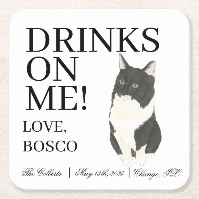 Personalised Tuxedo Ragamuffin Cat Wedding Square Paper Coaster (Front)