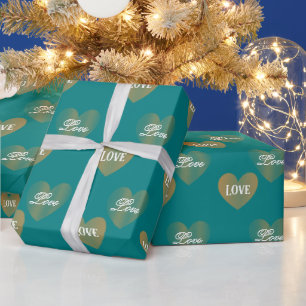 Personalised Twice Golden Hearts, Deep Aqua Wrapping Paper