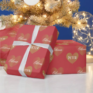 Personalised Twice Golden Hearts, Luscious Red Wrapping Paper