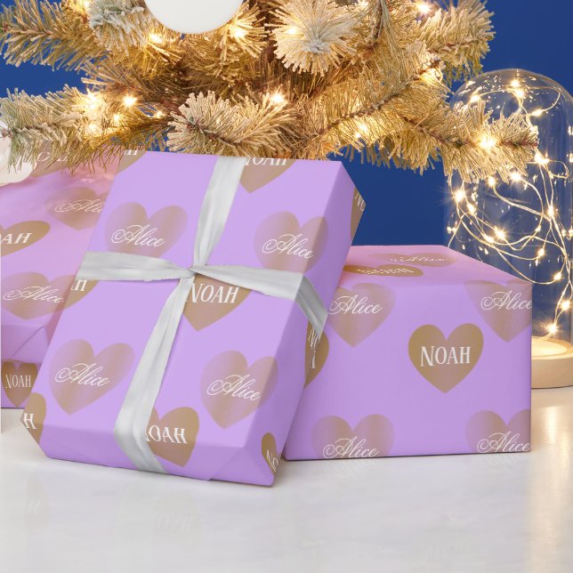 Personalised Twice Golden Hearts, Mauve Wrapping Paper (Holidays)