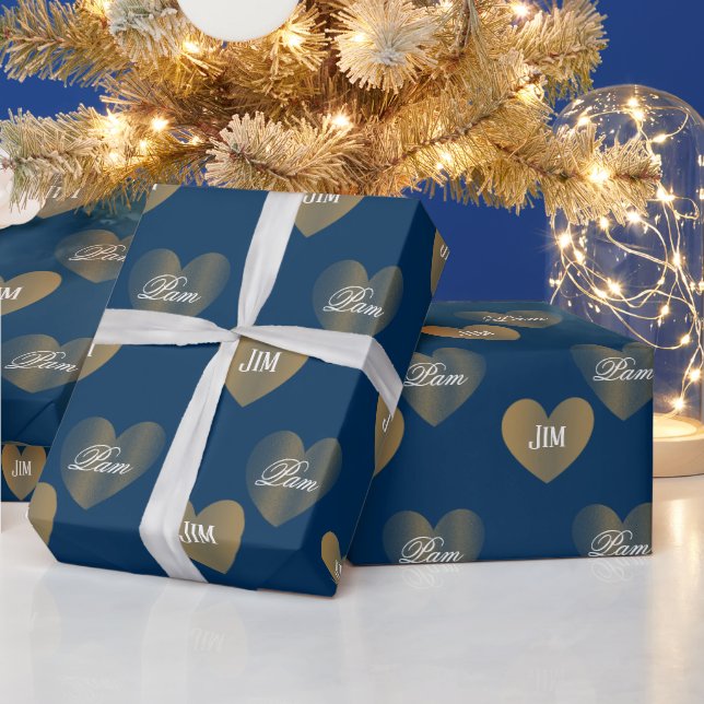 Personalised Twice Golden Hearts, Prussian Blue Wrapping Paper (Holidays)
