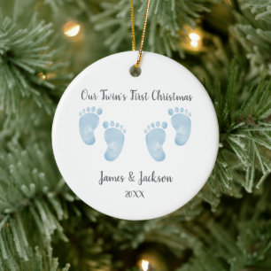 Personalised Twin Baby Boys Blue Footprint Ceramic Ornament