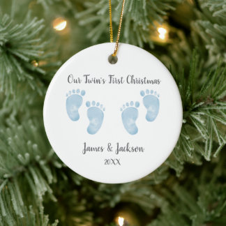 Personalised Twin Baby Boys Blue Footprint Ceramic Ornament