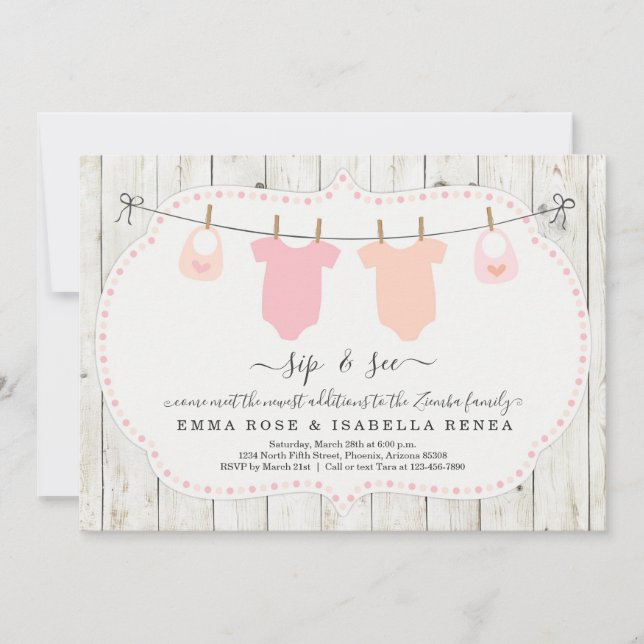 Personalised Twin Girls Sip and See Invitation (Front)