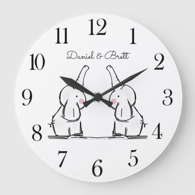 Personalised Twins Baby Elephants Nursery  Large C Clock (Front)