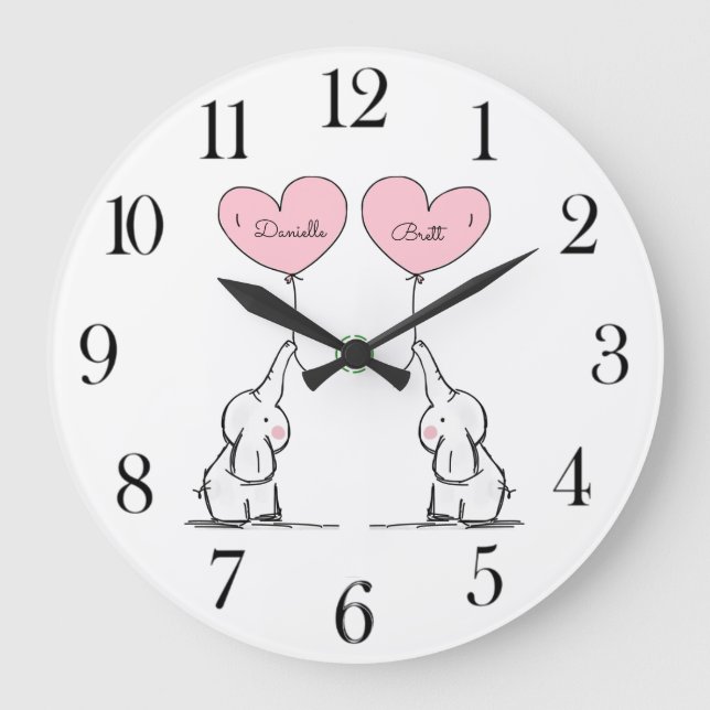 Personalised Twins Baby Elephants Nursery  Large Clock (Front)