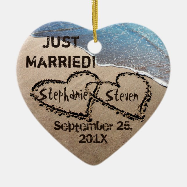Personalised Two Hearts In The Sand Heart Ornament (Front)