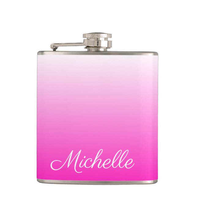 Personalised two-tone gradient ombre hot pink hip flask (Front)