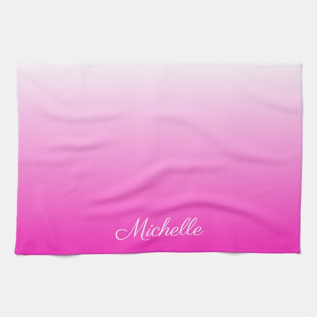 Personalised two-tone gradient ombre hot pink tea towel (Horizontal)