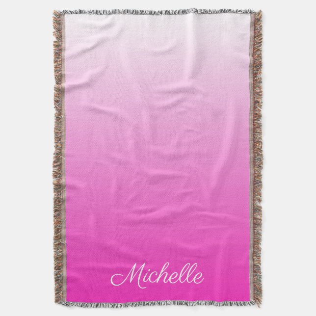 Personalised two-tone gradient ombre hot pink throw blanket (Front Vertical)