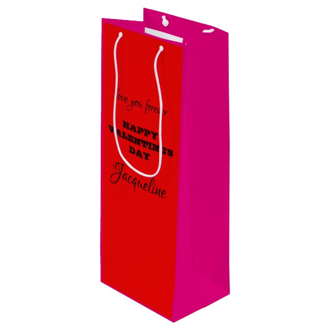 Personalised Two-tone Red Hot Pink Valentine's Day Wine Gift Bag (Front Angled)