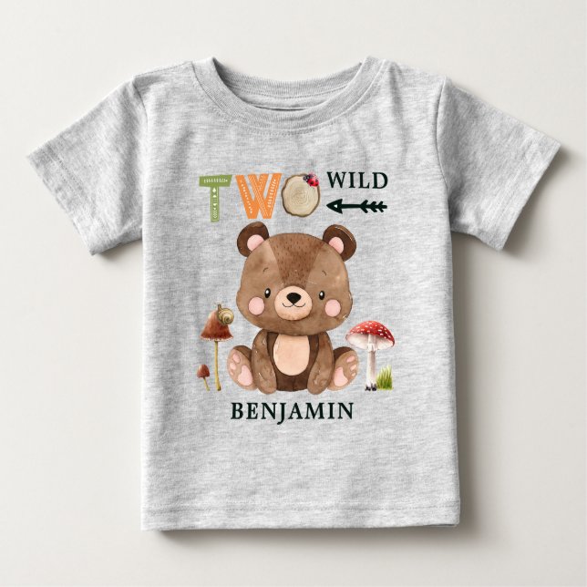 Personalised Two Wild Woodland 2nd Birthday Baby T-Shirt (Front)
