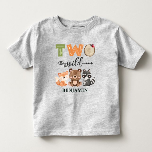 Personalised Two Wild Woodland Animal 2nd Birthday Toddler T-Shirt (Front)
