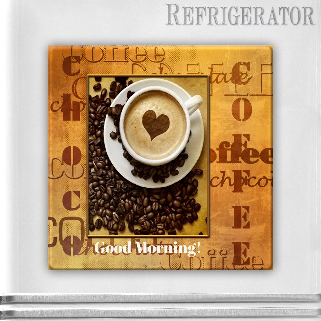 Personalised Typography Coffee Lover Photo Magnet (Photo magnet showing your own favorite picture on a typography retro style design with coffee texts)