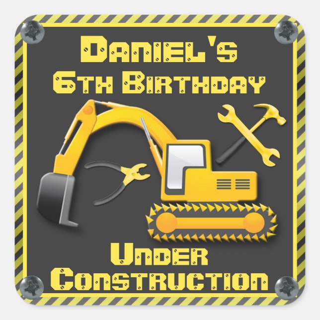Personalised Under Construction Birthday Party Square Sticker (Front)