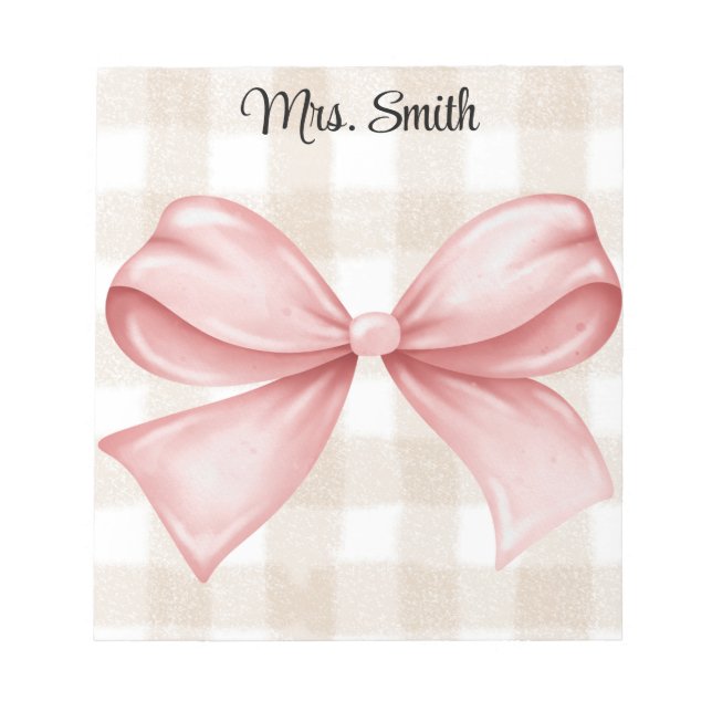 Personalised understated gingham with coquette bow notepad (Front)