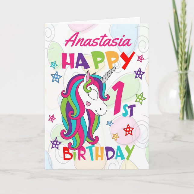 Personalised Unicorn 1st Birthday Card (Front)