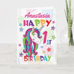 Personalised Unicorn 1st Birthday Card<br><div class="desc">A special 1st birthday card! This bright fun first birthday card features a cute unicorn, some pretty stars and colourful text. A cute design for someone who will be one year old. Add the 1st birthday child's name to the front of the card to customise it for the special little...</div>