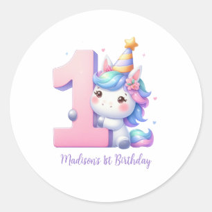 Personalised Unicorn 1st First Girls Birthday  Classic Round Sticker