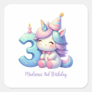 Personalised Unicorn 3rd Third Girls Birthday  Square Sticker