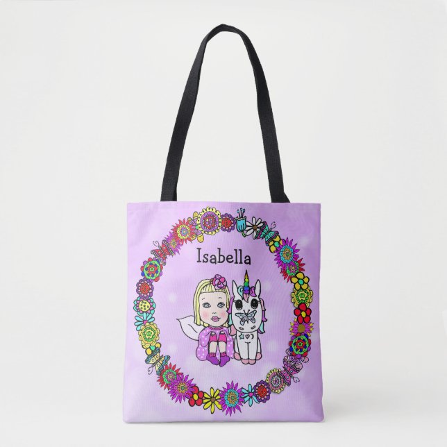 Personalised Unicorn and Fairy Purple Tote Bag (Front)