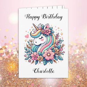 Personalised Unicorn and Flowers Girl's Birthday Card