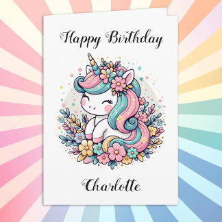 Personalised Unicorn and Flowers Girl's Birthday Card