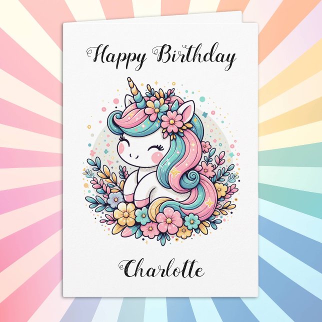 Personalised Unicorn and Flowers Girl's Birthday Card (Creator Uploaded)