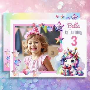 Personalised Unicorn and Photo Girl's Birthday Postcard